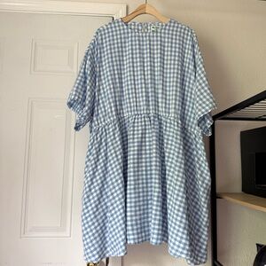 SHINY BY NATURE blue white gingham plaid cotton babydoll short sleeve mini dress